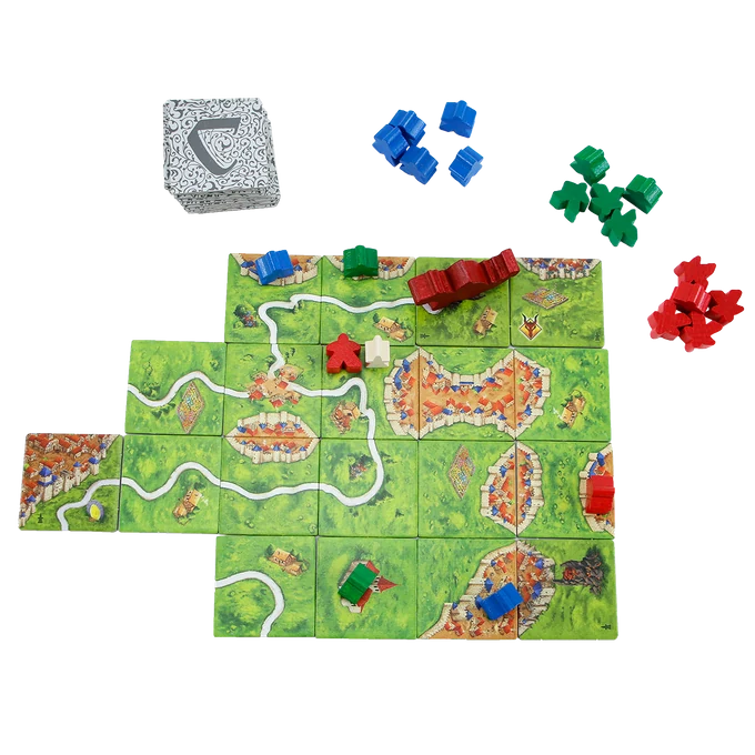Carcassonne: Draak & Fee - Uitbreiding 3 — landschapstegels en figuren in opstelling