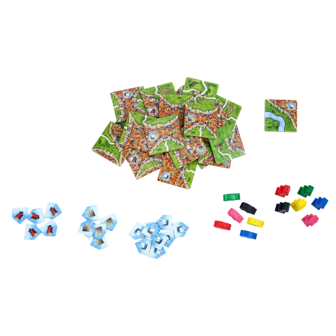 Carcassonne: Kooplieden & Bouwmeesters - Uitbreiding 2 — overzicht van de onderdelen van de uitbreiding