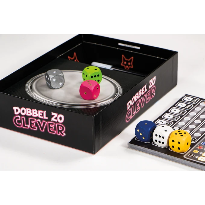 Dobbel Zo Clever — detail van de dobbelstenen en dobbelbak