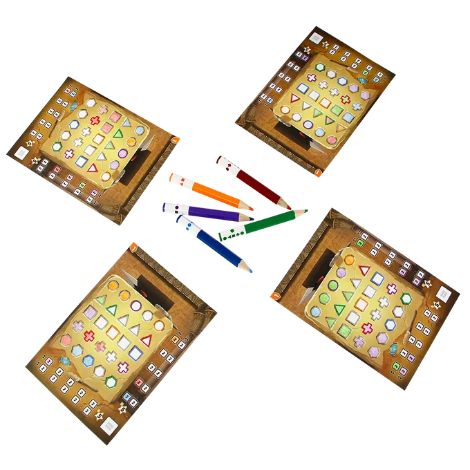 Pick a Pen: Crypten — spelopstelling met scorebladen en potloden