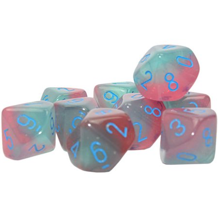 Wondertrail Gel Green and Pink Gemini Luminary Dice with Light Blue Numbers D10 16mm (5/8in) Oxi-Copper Marble Pack of 10