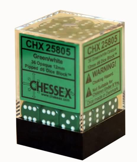 [BF-41476] Chessex - Opaque D6 Dice Block (36 Dice) (Green/White)